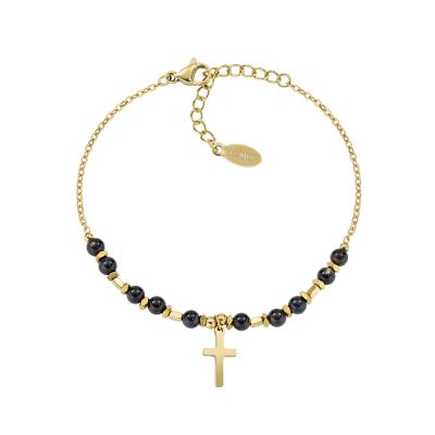 Amen Bracciale Acciaio Gold Croce e Onice