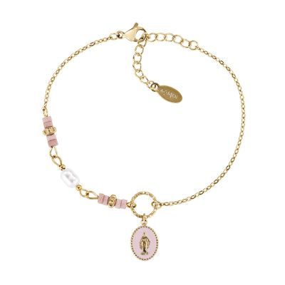 Amen Bracciale Acciaio Gold Madonnina Agata Rosa