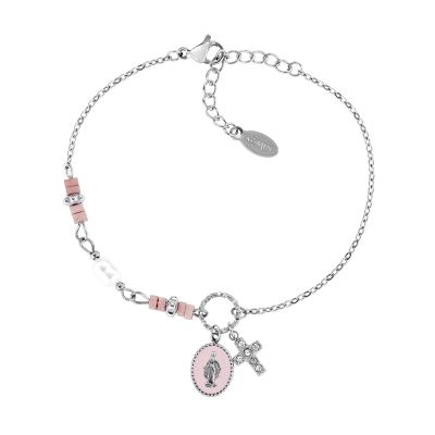 Amen Bracciale Acciaio Madonnina Croce e Agata Rosa