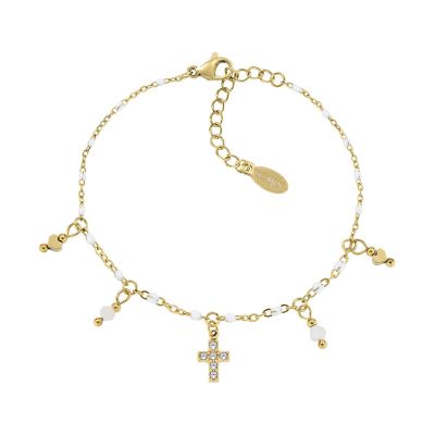 Amen Bracciale Acciaio Gold Croce Agata e Cuore