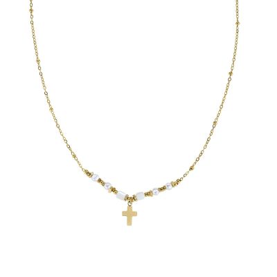 Amen Collana Acciaio Gold Croce e Agata Bianca