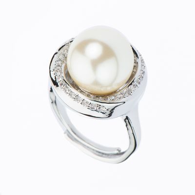 Barbieri Anello Metallo Rodiato Perla e Zirconi