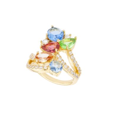 Barbieri Anello Metallo Dorato Cristalli Multicolor
