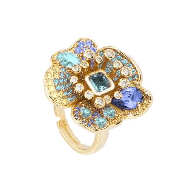 Barbieri Anello Metallo Dorato Cristalli Multicolor