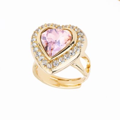 Barbieri Anello Metallo Dorato Cuore Rosa e Zirconi
