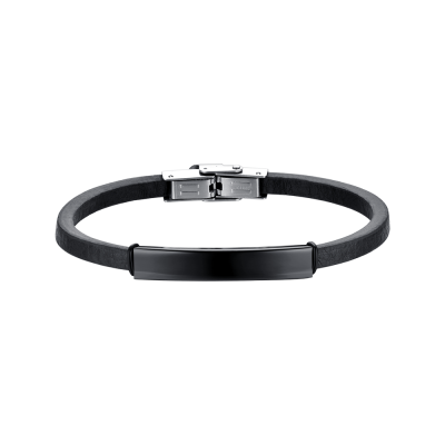 Luca Barra Bracciale Cuoio con Piastra Acciaio Nera