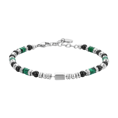 Luca Barra Bracciale Acciaio Agata Nera e Malachite