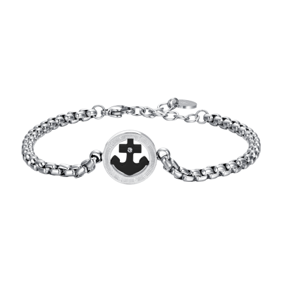Luca Barra Bracciale Acciaio Ancora Ip Nero e Cristallo