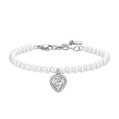 Luca Barra Bracciale Acciaio Perle e Cuore Bianco