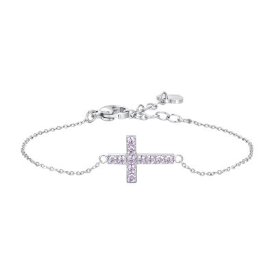 Luca Barra Bracciale Acciaio Croce e Zirconi Rosa