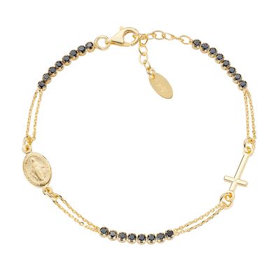 Amen Bracciale Argento Gold Croce Zirconi Neri e Madonna