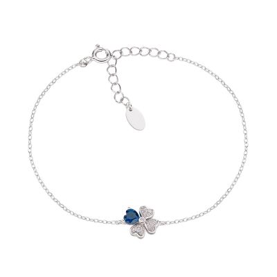 Amen Bracciale Argento Rodiato Quadrifoglio Con Cuore Zaffiro