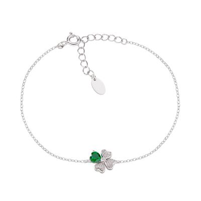 Amen Bracciale Argento Rodiato Quadrifoglio Con Cuore Smeraldo