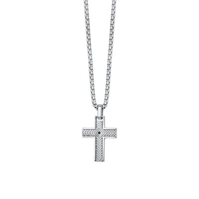 Luca Barra Collana Acciaio Croce con Cristallo Nero