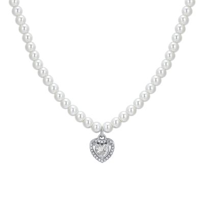 Luca Barra Collana Acciaio Perle e Cuore Bianco