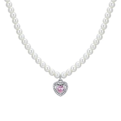 Luca Barra Collana Acciaio Perle e Cuore Rosa