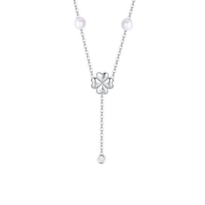 Luca Barra Collana Acciaio Quadrifoglio e Perle