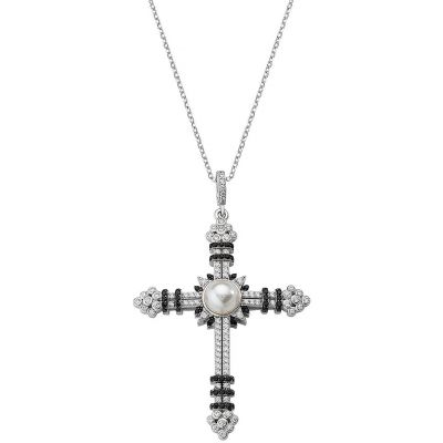 Amen Collana Donna Argento Croce Zirconata e Perla