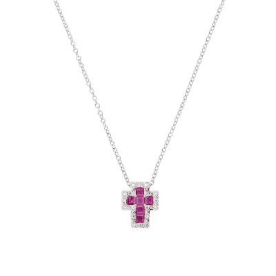 Amen Collana Argento Mini Croce Zirconi Bianchi e Rubino