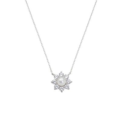 Amen Collana Argento Fiore Con Perla e Zirconi