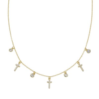 Amen Collana Argento Gold Croci e Zirconi Bianchi