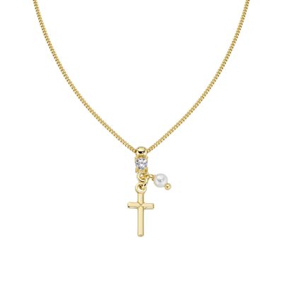 Amen Collana Argento Dorato Perla e Croce