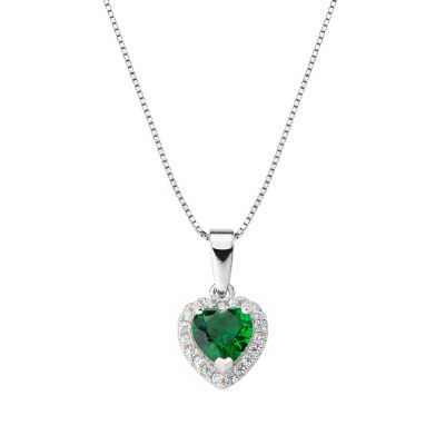 Amen Collana Donna Argento Solitario Cuore Verde e Zirconi