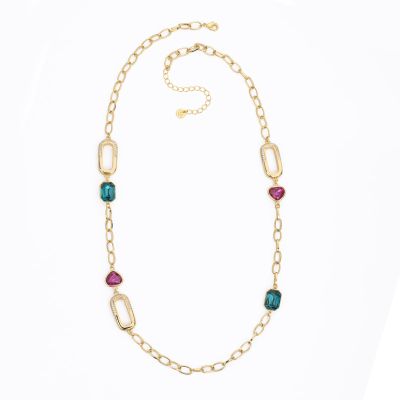Barbieri Collana Metallo Dorato Cristalli Fucsia e Blu