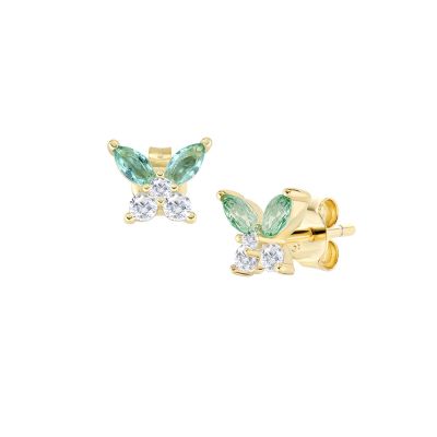 Amen Orecchini Argento Gold Farfalla Zirconi Verde e Bianchi