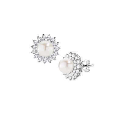 Amen Orecchini Argento Fiore di Zirconi con Perla