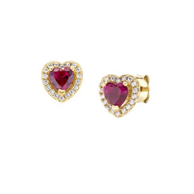 Amen Orecchini Argento Gold Cuore Rubino e Zirconi