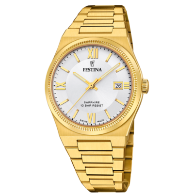 Festina Orologio Swiss Made Acciaio Gold Solo Tempo Quadrante Silver