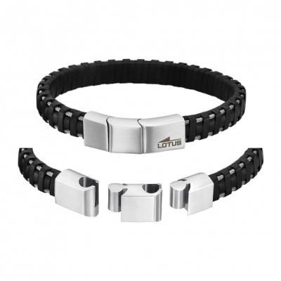 Lotus Bracciale Uomo Pelle Nera e Acciaio
