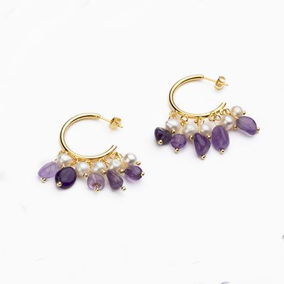 Barbieri Orecchini Metallo Dorato Perle e Ametista