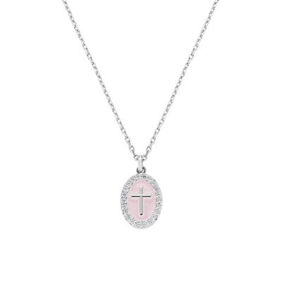 Amen Collana Ottone Croce Smalto Rosa