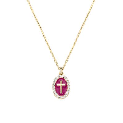 Amen Collana Ottone Gold Croce Smalto Bordeaux