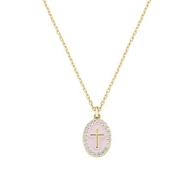 Amen Collana Ottone Gold Croce Smalto Rosa
