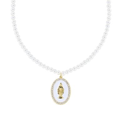 Amen Collana Ottone Gold Perle e Madonnina Smalto Bianco