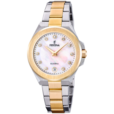 Festina Orologio Solo Tempo Acciaio Bicolore Quadrante Beige