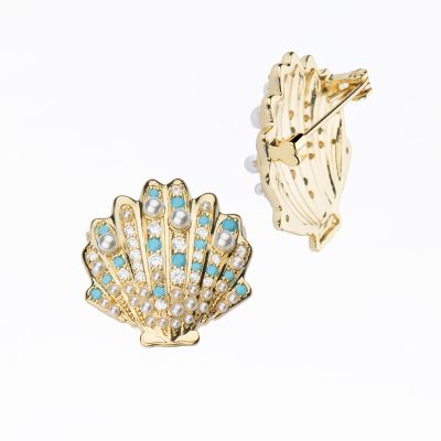Barbieri Spilla Conchiglia Metallo Gold e Zirconi Turchesi