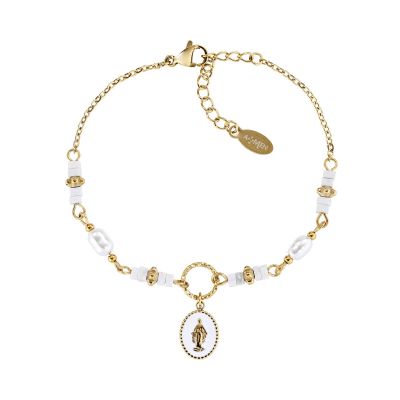 Amen Bracciale Acciaio Gold Madonnina Perle e Agata