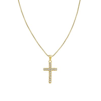 Amen Collana Acciaio Gold Croce Zirconi Bianchi