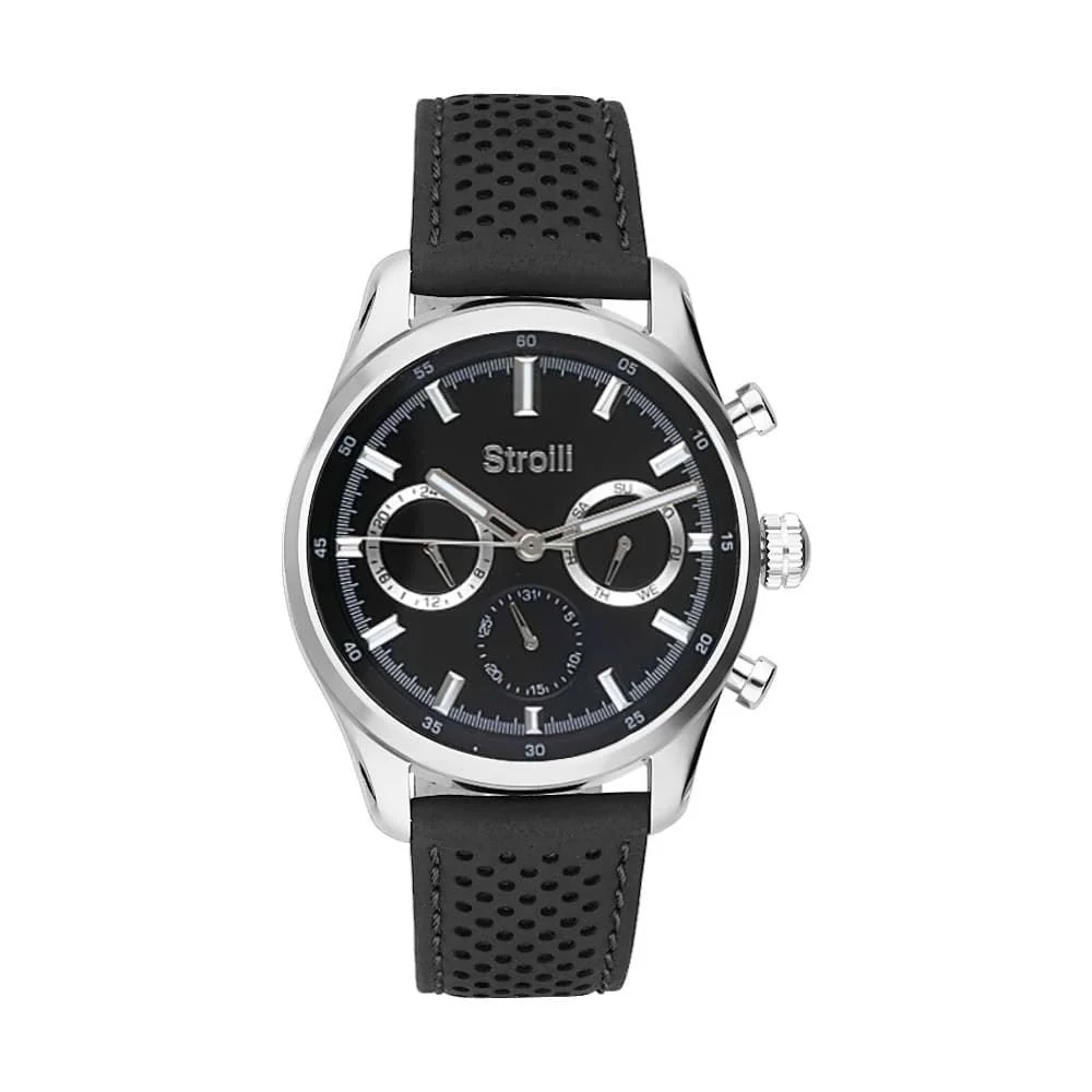1665841 Stroili Orologio Uomo Multifunzione Acciaio Silver e Pelle Nero Stainless Gioiellerie