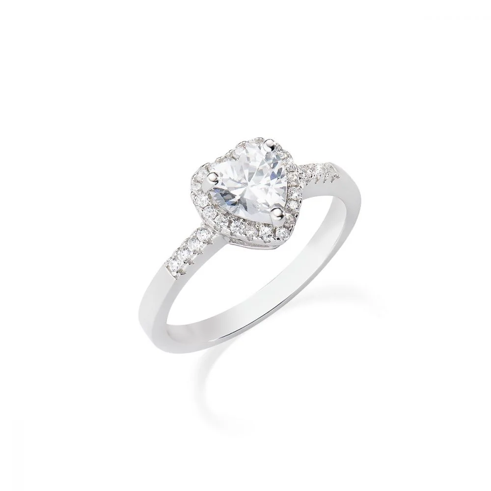 Amen Anello Donna Argento Solitario Cuore e Zirconi Bianchi ANTICBB Stainless Gioiellerie