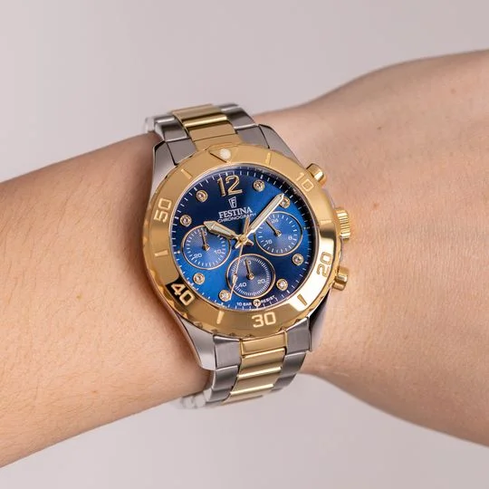 Festina Cronografo Donna Acciaio Bicolore Quadrante Blu F20604 3 Stainless Gioiellerie