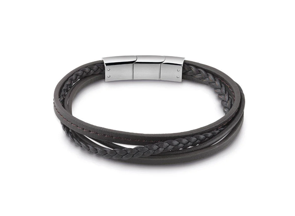 JUMB28041JW Guess Bracciale Uomo 3 Lacci Pelle Marrone e Acciaio Stainless Gioiellerie