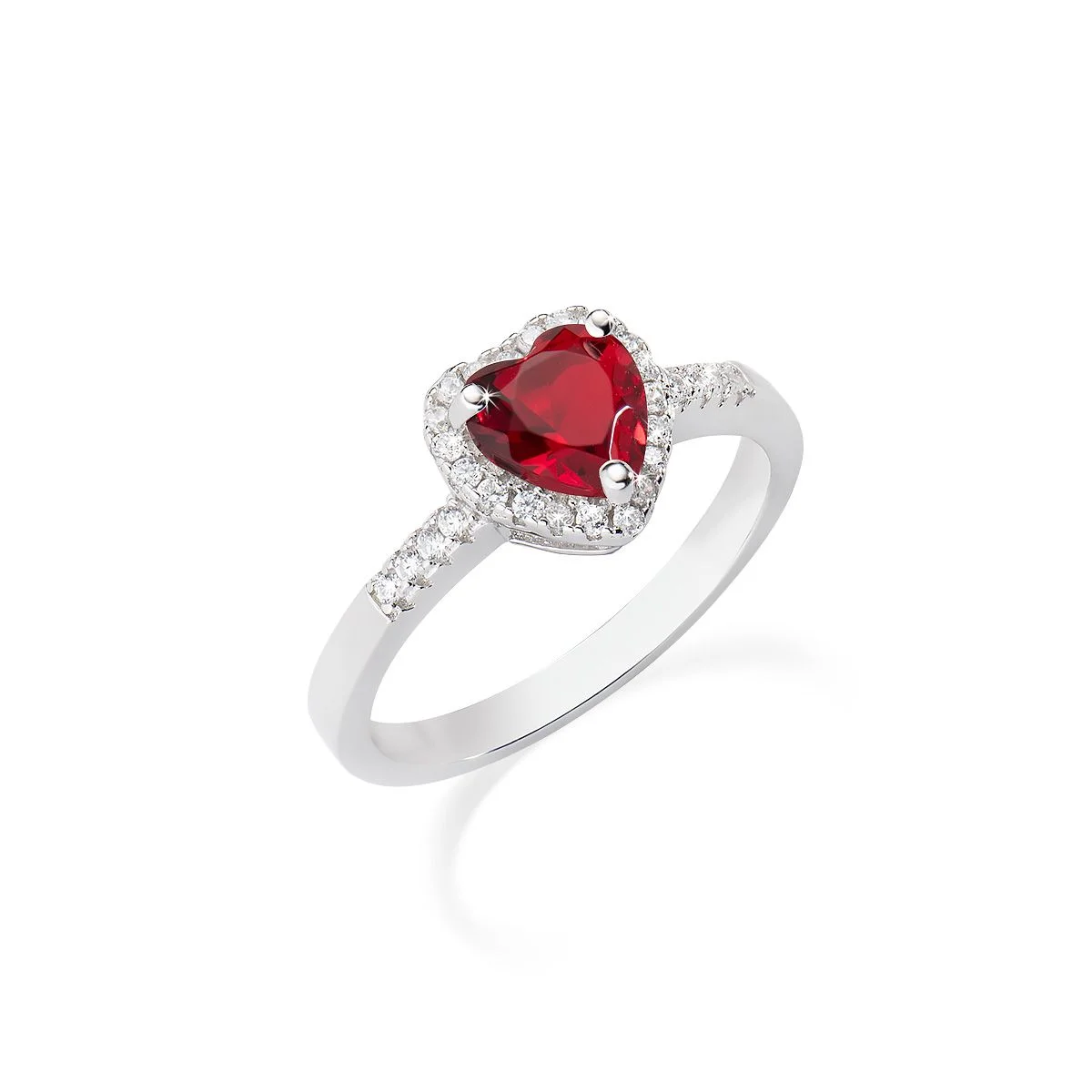 Amen Anello Donna Argento Solitario Cuore Rosso e Zirconi Bianchi