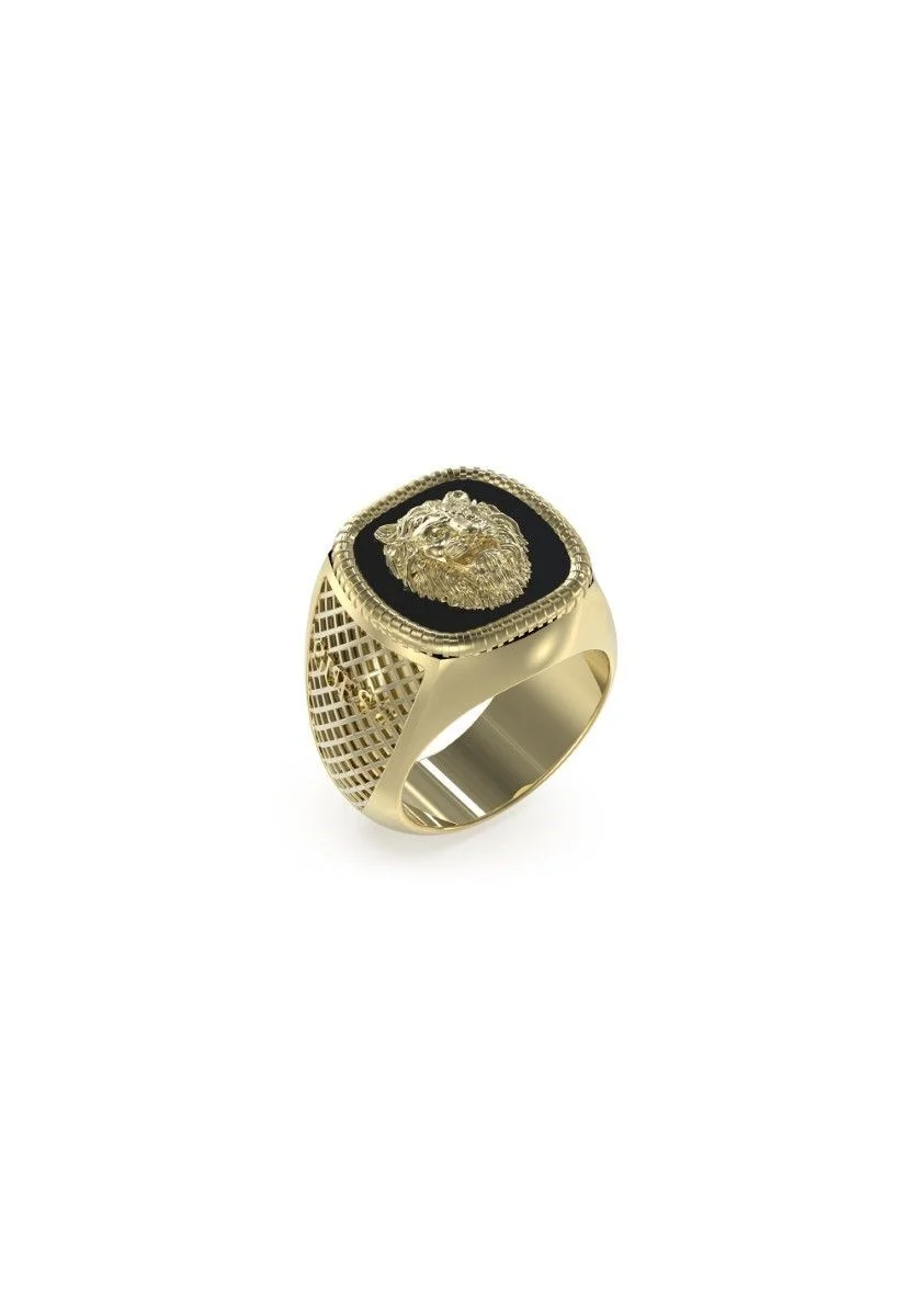 Guess anello Acciaio Dorato e Ip nero con Leone JUMR04003JWYGBK64 Stainless Gioiellerie